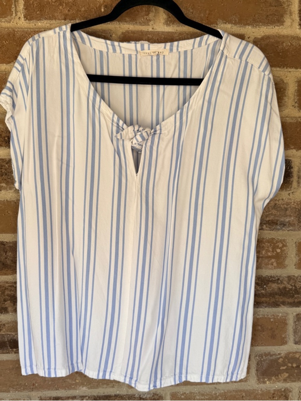 Copper Key White and Light Blue Striped Knot-Neck Blouse